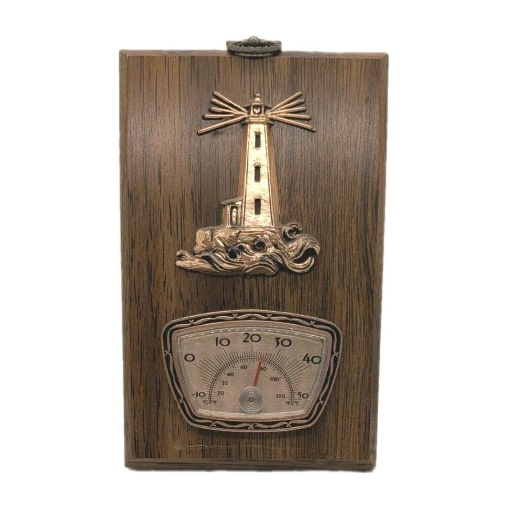 Lighthouse & Thermometer Wood Base Wall Hanging Retro 70s Fahrenheit Celsius